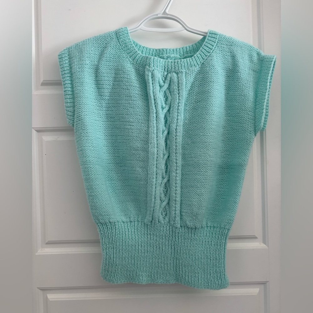 Vintage HandKnit Sweater Vest Tank Cable Knit Turquoise Blue Sleeveless Size S M - Picture 2 of 6
